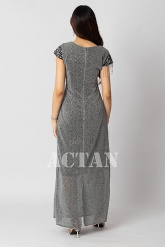 فستان ماكسي مزين بترتر لون رمادي