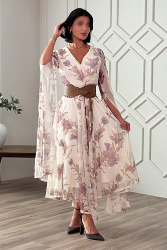 فستان كيب بطبعة أزهار لون بيج