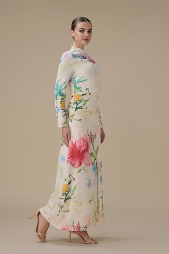 فستان سكري طويل مورد بأكمام طويلة