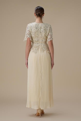 فستان طويل بيج بليسيه بتطريز