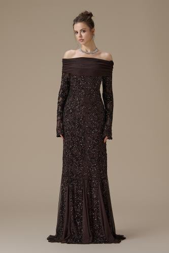 فستان طويل بني اوف شولدر