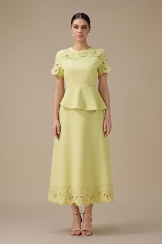 طقم تنورة ميدي أخضر فاتح بتفاصيل زهور ثلاثية الأبع...