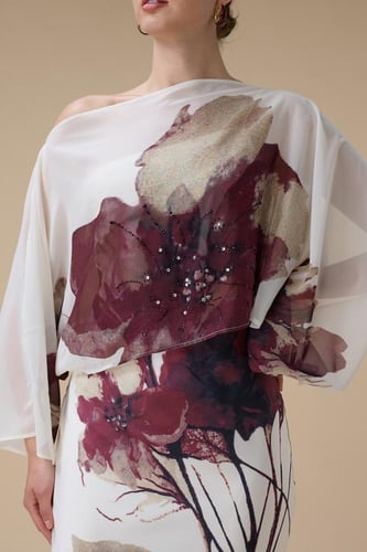 فستان ماكسي برغندي أوف شولدر بطبعة زهور