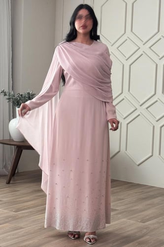 فستان ماكسي درابية بقطعة من الشيفون لون وردي
