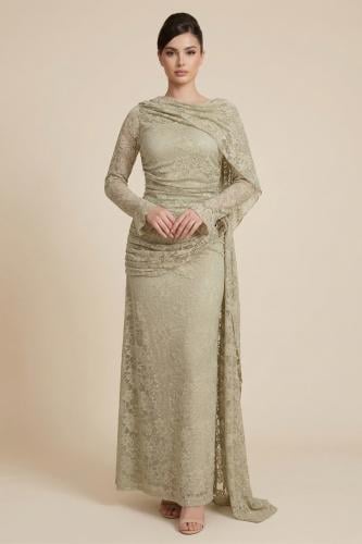 فستان طويل أخضر فاتح دانتيل