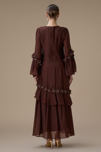 جلابية طويلة بني بتفاصيل زهور