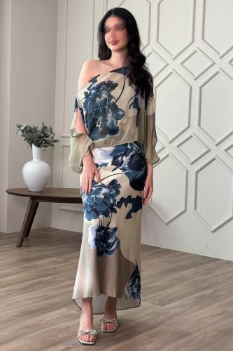 فستان قطعتين ساتان بطبعة أزهار لون اخضر