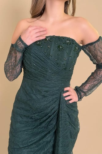 فستان دانتيل طويل اوف شولدر لون أخضر