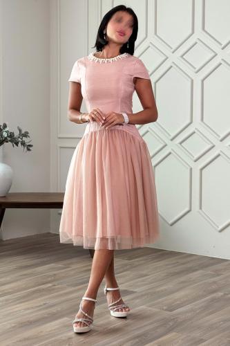 فستان ميدي بياقة مزينة بلؤلؤ لون وردي