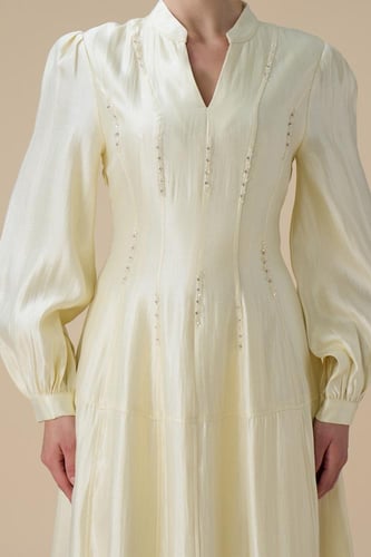 فستان سكري طويل بتطريز ناعم