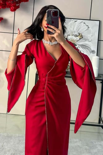 فستان ماكسي درابيه مزين بفصوص لون احمر