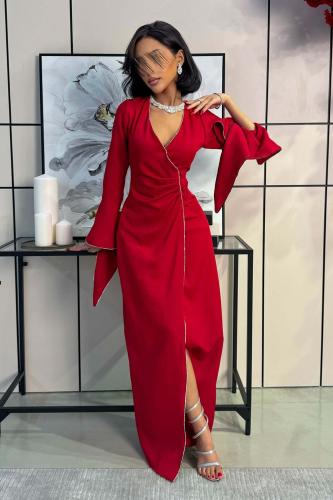 فستان ماكسي درابيه مزين بفصوص لون احمر