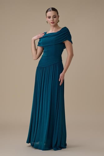 فستان تركوازي طويل أوف شولدر درابيه