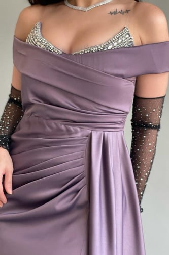 فستان سهره ساتان مطرز الصدر لون موف