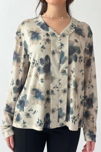 بلوزة تل بطبعة ورود لون كحلي