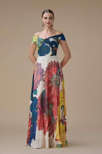 فستان سكري طويل بطبعة زهور بتصميم كتف واحد