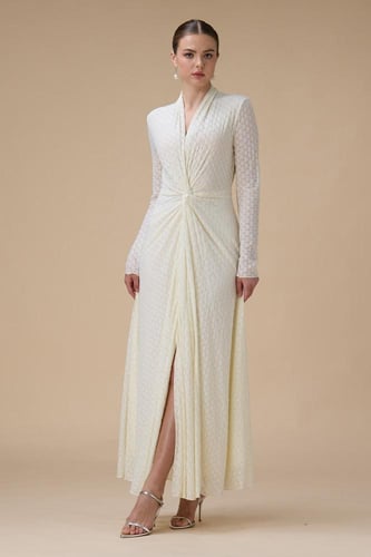 فستان سكري طويل بقصة ملتفة