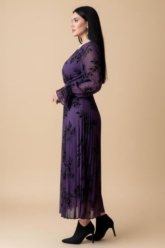 فستان ماكسي بطبعة ورق شجر وكسرات من الجانب