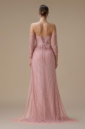 فستان دانتيل وردي طويل درابيه