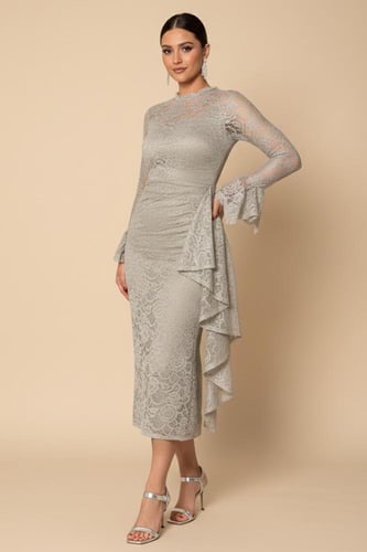 فستان ميدي دانتيل رمادي بقصة درابيه