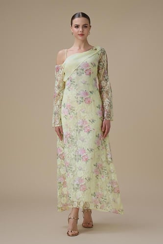 فستان طويل دانتيل بطبعة زهور بتصميم كتف واحد