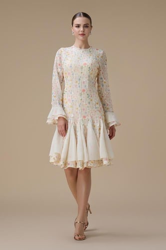 فستان بيج قصير مزهر بأكمام طويلة وكشكش