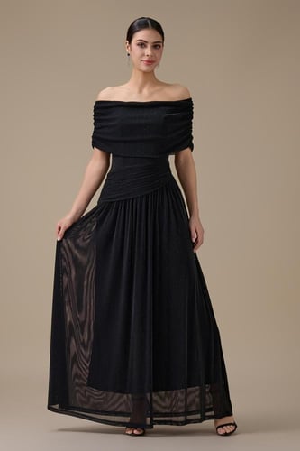 فستان اسود طويل أوف شولدر درابيه