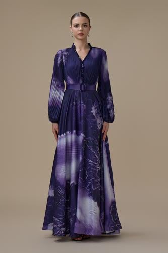 فستان بنفسجي طويل بأكمام طويلة مع حزام محدد للخصر
