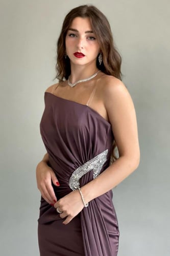 فستان سهرة توب بذيل من الخصر لون موف