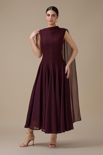 فستان ميدي عنابي بوشاح كتف