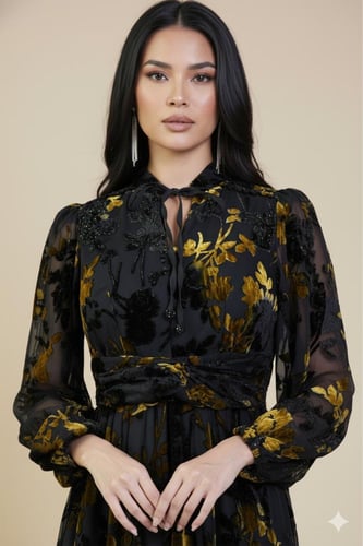 فستان ماكسي مخملي بطبعة زهور لون اصفر