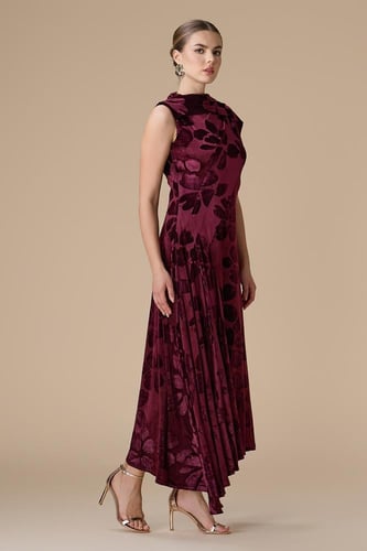 فستان برغندي ميدي بوشاح كتف أنيق