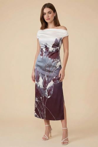 فستان ميدي بطبعة أزهار لون موف