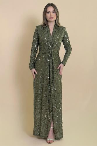 فستان طويل زيتي مطرز بالترتر