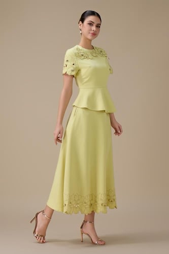 طقم تنورة ميدي أخضر فاتح بتفاصيل زهور ثلاثية الأبع...