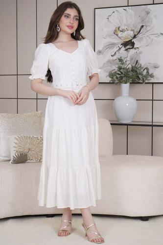 فستان ميدي بياقة مربعة لون ابيض