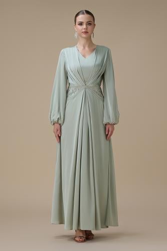 فستان طويل اخضر فاتح درابيه ناعم