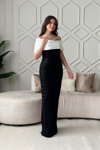 فستان سهرة ماكسي اوف شولدر مزين بالخرز لون ابيض