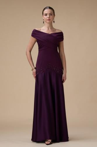 فستان برغندي طويل أوف شولدر