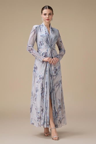 فستان رصاصي طويل بأكمام طويلة بطبعة زهور