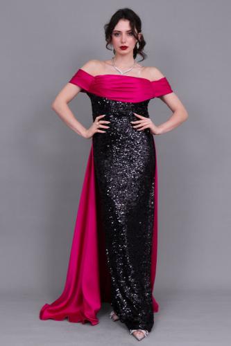 فستان سهره ترتر مكشوف الاكتاف لون فوشي