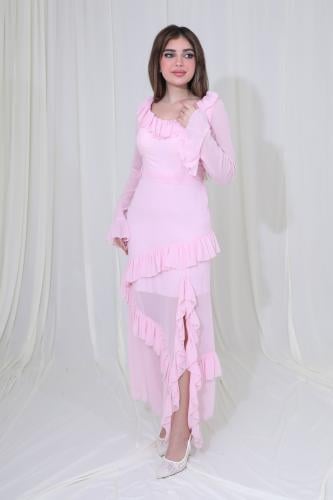 فستان طويل بكسرات وكشكشة ناعمة لإطلالة أنثوية جذاب...