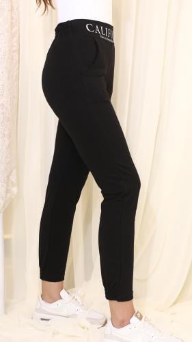 بنطلون كاجوال أسود بخصر مطاطي مطبوع وتصميم أنيق