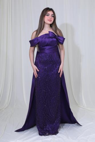 فستان سهرة ملكي بدون أكمام مزين بفيونكة وتطريز فاخ...