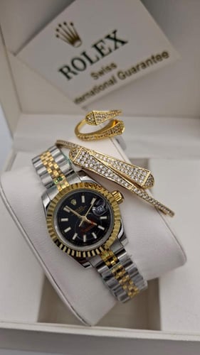 طقم نسائي رولكس ساعة مع اسوارة مع خاتم نسائي