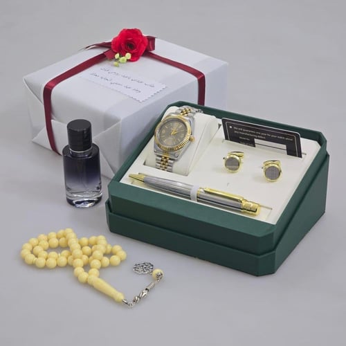 طقم ساعة هدية رجالية مميزة مع قلم وكبكات وعطر وملح...