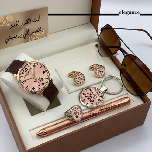 بوكس رجالي بالاسم والصورة ساعة ونظارة مع القلم