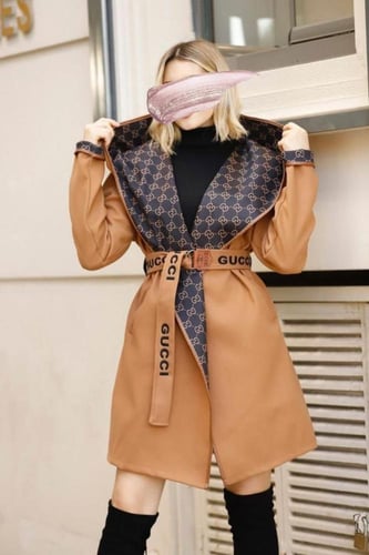 جاكيت نسائي شتوي بأطراف جلد وتصميم ماركات عالمية -...