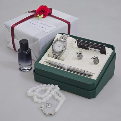 طقم ساعة هدية رجالية مميزة مع قلم وكبكات وعطر وملح...