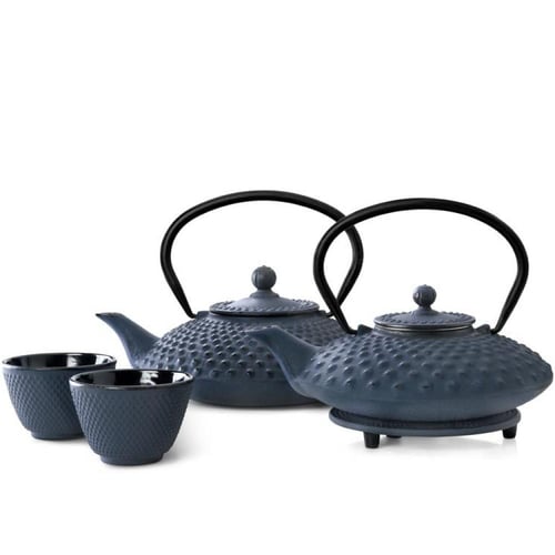 طقم أكواب شاي ياباني تقليدي معدني 2 قطعة - أزرق